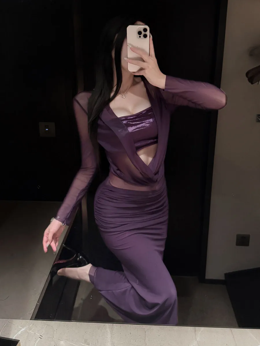 Sexy Lace Long Sleeve Hollow out Bodycon Dress Transparent Home Date Long Skirt Trendy High Waist Polyester Fiber V-neck Dress