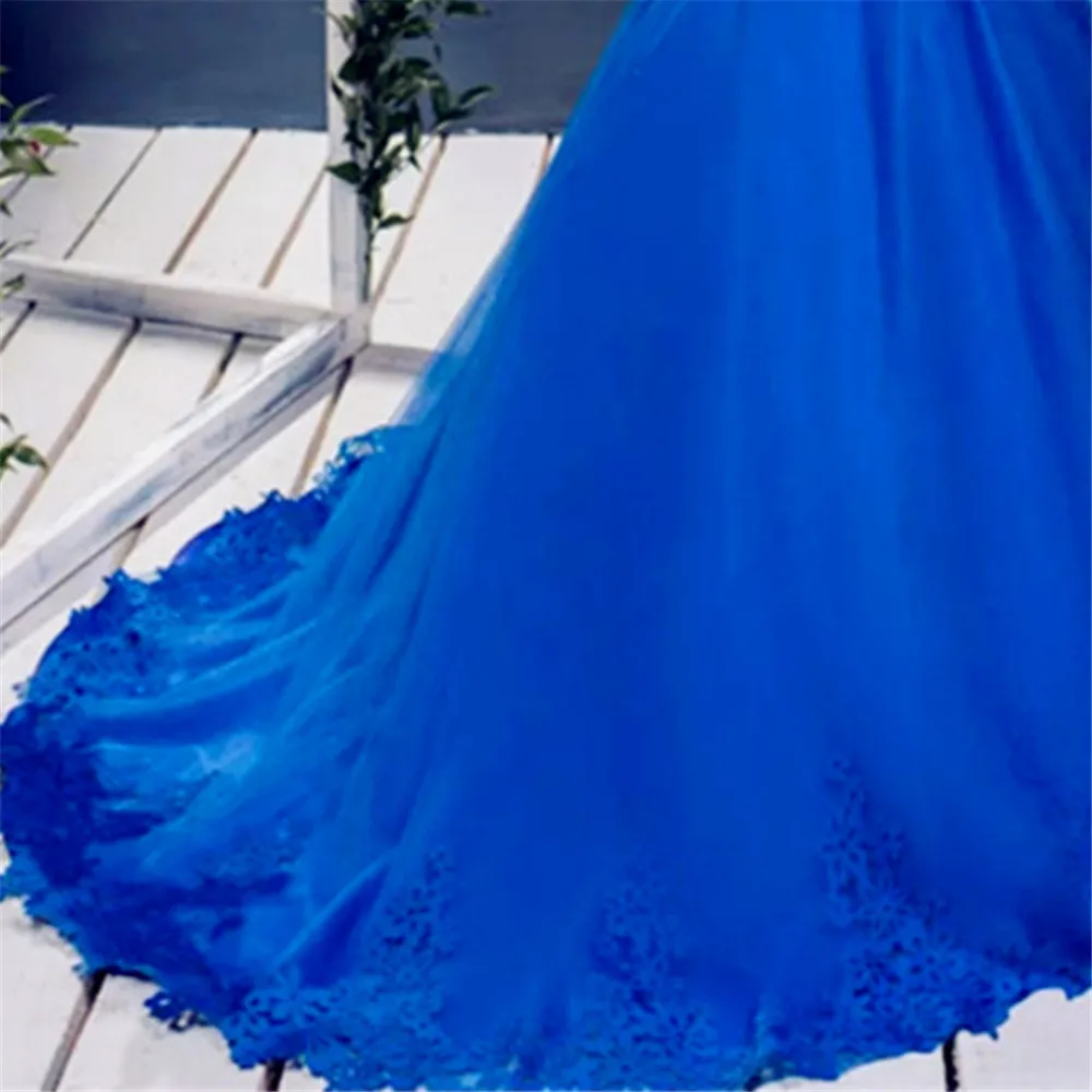 Vestido de renda tule para meninas, vestido de noiva, azul royal, manga cheia, primeira comunhão, bola, princesa, aniversário