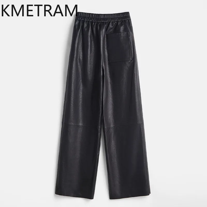 KMETRAM Fully Vegetable Tanned Sheepskin Straight Pants for Woman Genuine Leather Pants Vintage Washed Trousers Loose 102cm 바지