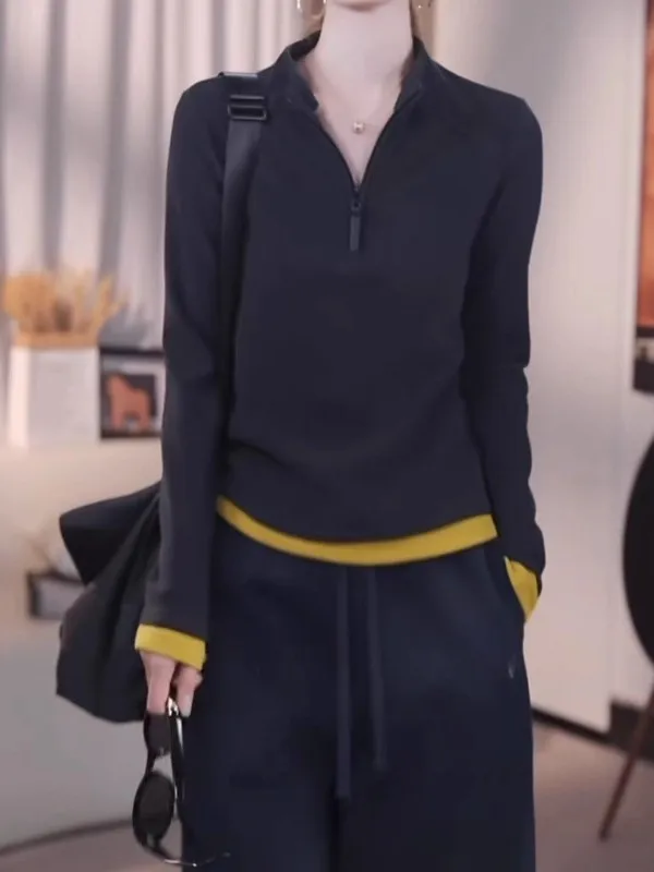 

Женская толстовка с длинным рукавом и цветными блоками, новинка ранней весны, большие размеры, повседневная, утягивающая, базовый слой, с молнией, в уличном стиле