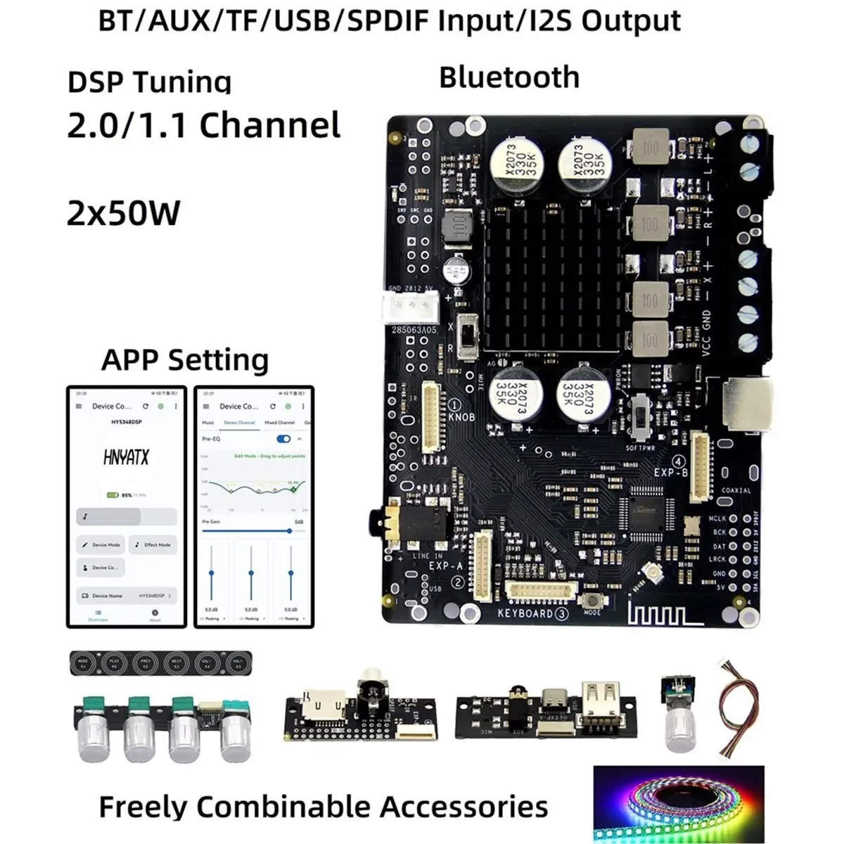 HOUSEHOLD*GOOD App Controlled Bluetooth 5.3 Tuned 2.0 Amplifier 2x50W Effects WS2812 Inputs TF/USB/SPDIF/AUX Output I2S A