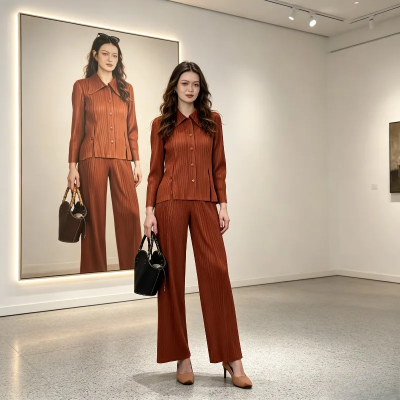 

Miyake Pleated 2026 Spring and Autumn New Pleated Suit Women's Elegant Lapel Shirt High Waist Commuter Casual Wide-Leg Pants