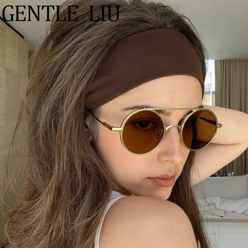 

Steampunk Round Double Beam Sunglasses Women 2025 Luxury Brand Vintage Small Frame Sun Glasses Driving Eyewear Outdoor Shades