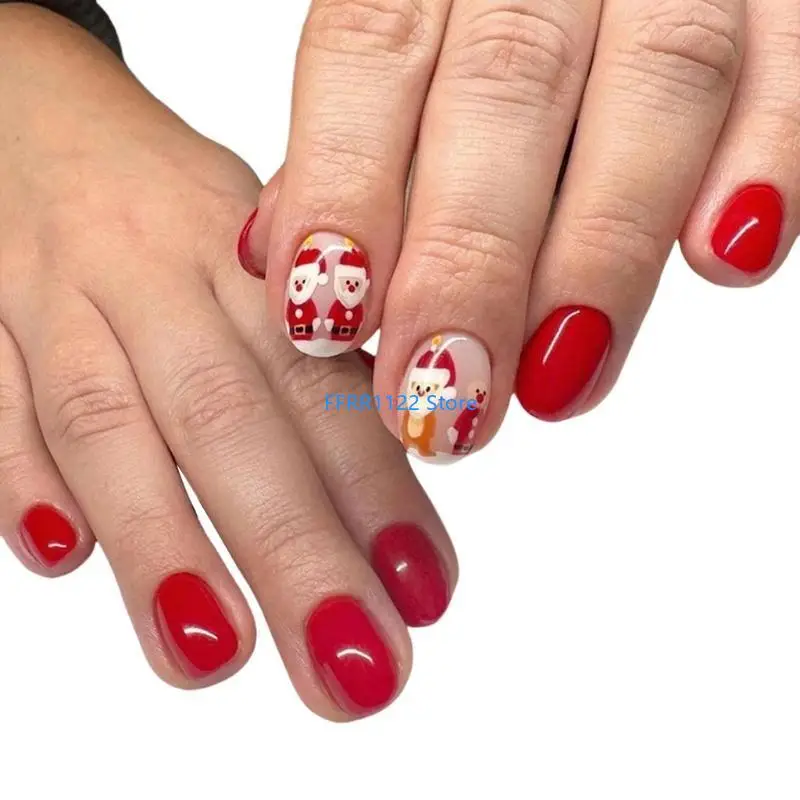 Y1uf 24 pezzi Pressa Natale unghie corti False Nails Babbo Natale unghie artificiali Copertina piena unghie per