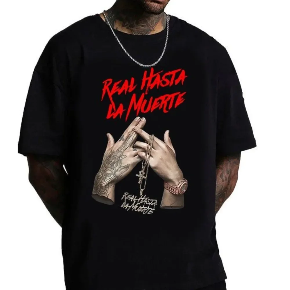 Anuel AA 100 % Baumwolle Real Hasta La Muerte Letter Print New Boys Highstreet Cool Black Round Vielseitiger Hals Herren-T-Shirts