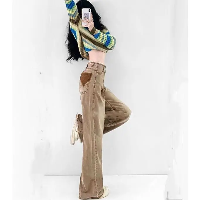 Retro Vintage Khaki Spicy Girl Jeans Women's New Style Slimming Fringed Floor Length Straight Leg Pants Instagram Trendy