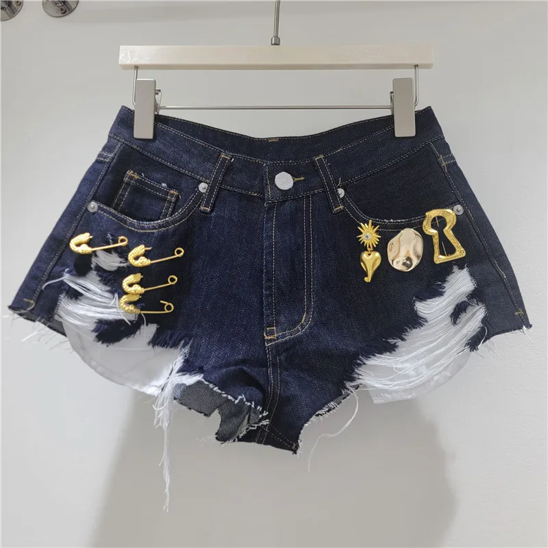 2026 New Summer Women Denim Shorts High Waist Ripped Raw Edge Metal Buttons Korean Loose Casual Streetwear Hot Pants