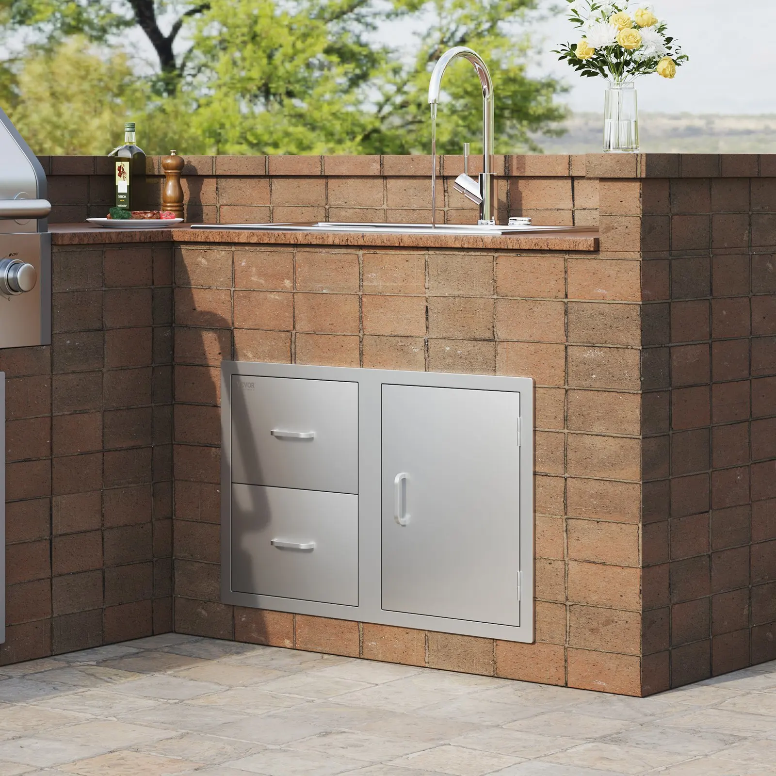 

Дверца-комбинация для уличной кухни 32.5" Ш x 21.6" В x 20.5" Г, с дверцей доступа/двойными выдвижными ящиками и держателем для бумажных полотенец, для барбекю-острова D