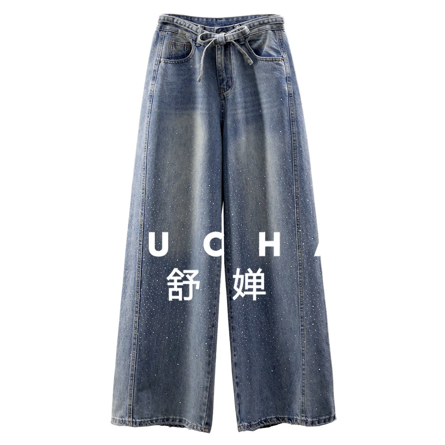 

Sparkling! French Fine Flash Hot Diamond Patchwork Slim High Waist Wide Legs Sickle Jeans Women 69I3