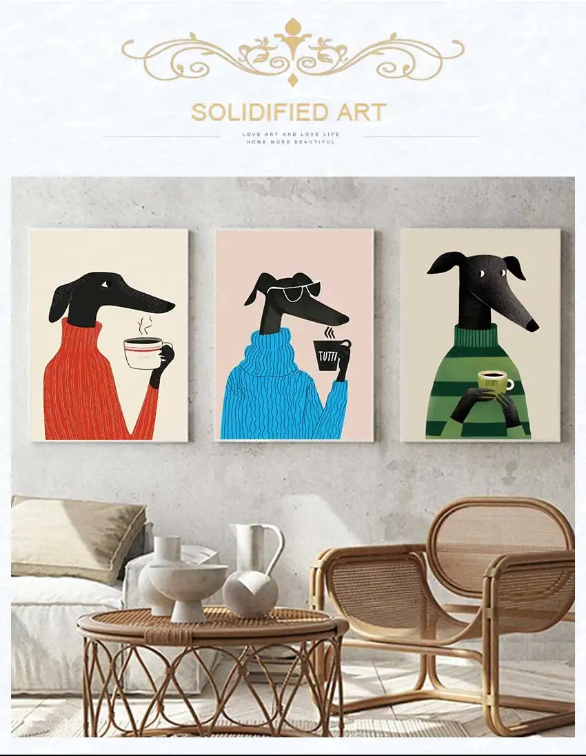 Wearing a Sweater and Drinking Coffee Modern and Colorful Pet Dog Canvas Home Decor Winter-Themed Poster Print: Hound