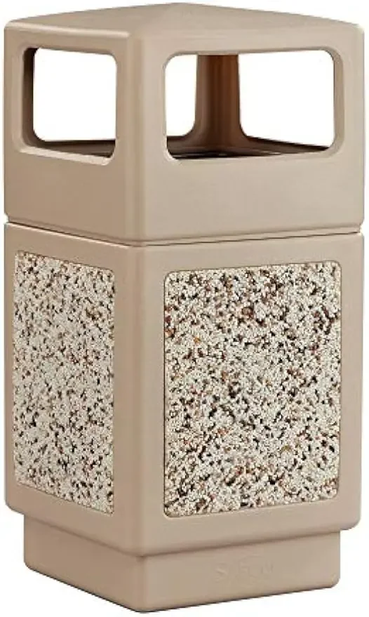 Outdoor-Indoor Aggregate Panel Trash, Garbage Can 9472TN Tan 0tural Stone Panels Outdoor-Indoor Use 38-Gallon Capacity