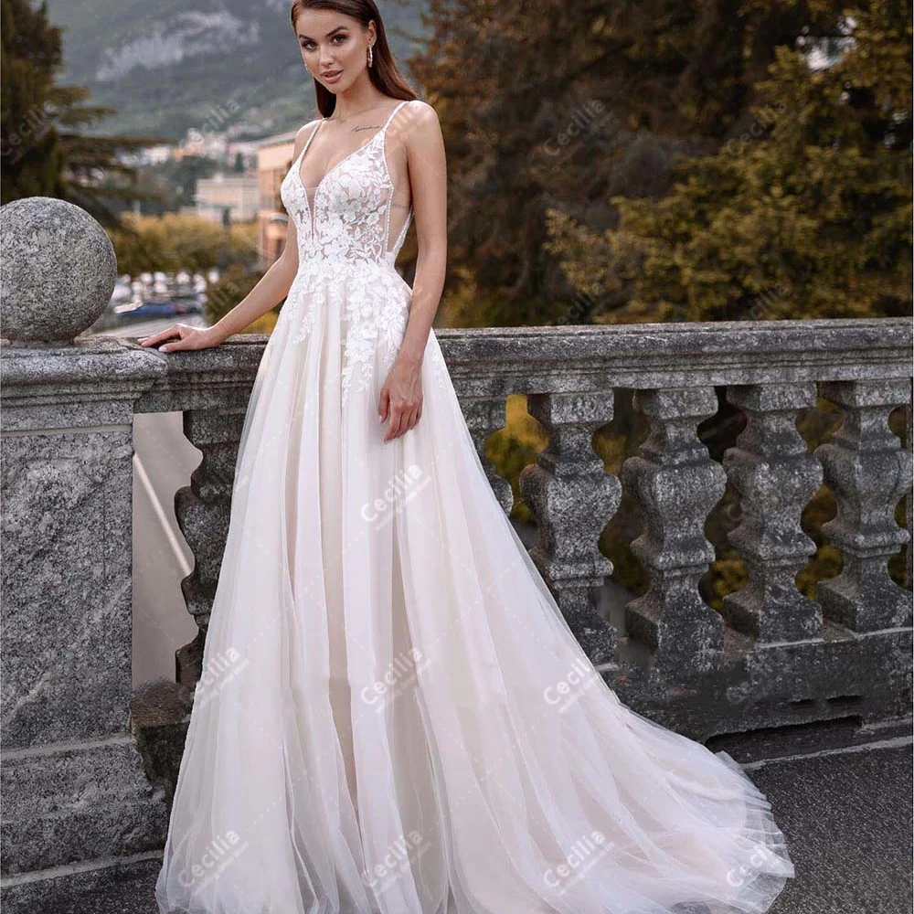 

Classic Wedding Dresses A-Line Tulle Tiered Bridal Gowns Lace Appliques Sleeveless Backless Glamorous Vestidos De Novia 2024