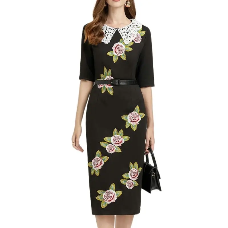 

New Fashion Women's Dress Lace Collar Short Sleeve Slim A-line Mid-length Summer Dress Flower Print with Belts