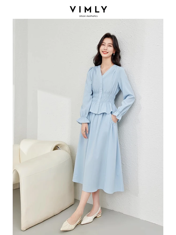 Vimly Blue Elegant Sets for Women 2 Pieces 2024 Spring Ruffled Hem V-neck Top Elastic Waist Midi Skirt New in Matching Set 16560