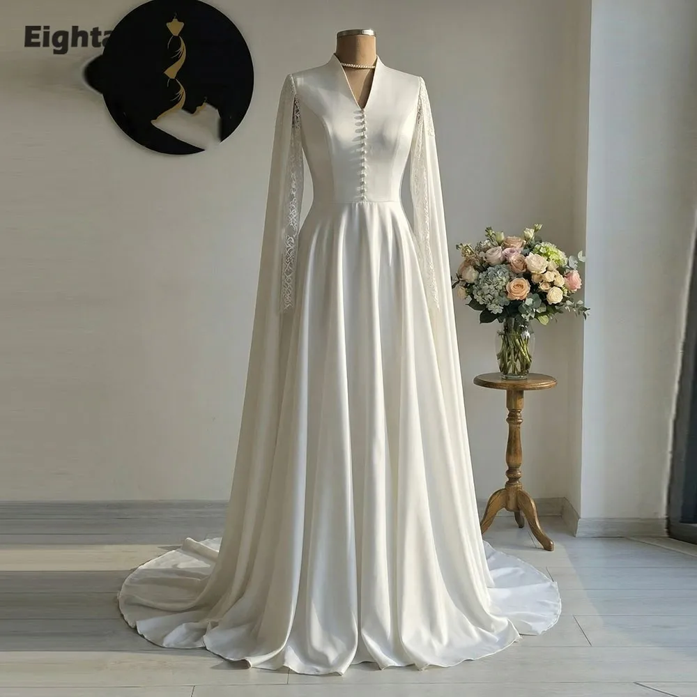 Eightale Arabic Wedding Dress V-Neck Lace Customized Ivory Satin Long Sleeves Cape Sleeves Bridal Gown Bride Party Dress