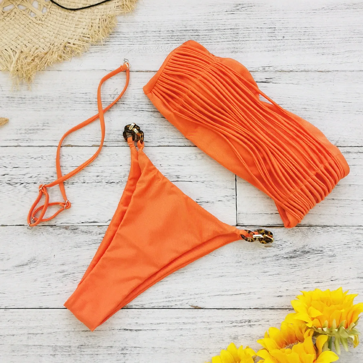 2026 New Sexy Orange Bikini Set with Pleated Design and Gold Rings - Adjustable Straps, Perfect for Beach Wear and Pool Parties