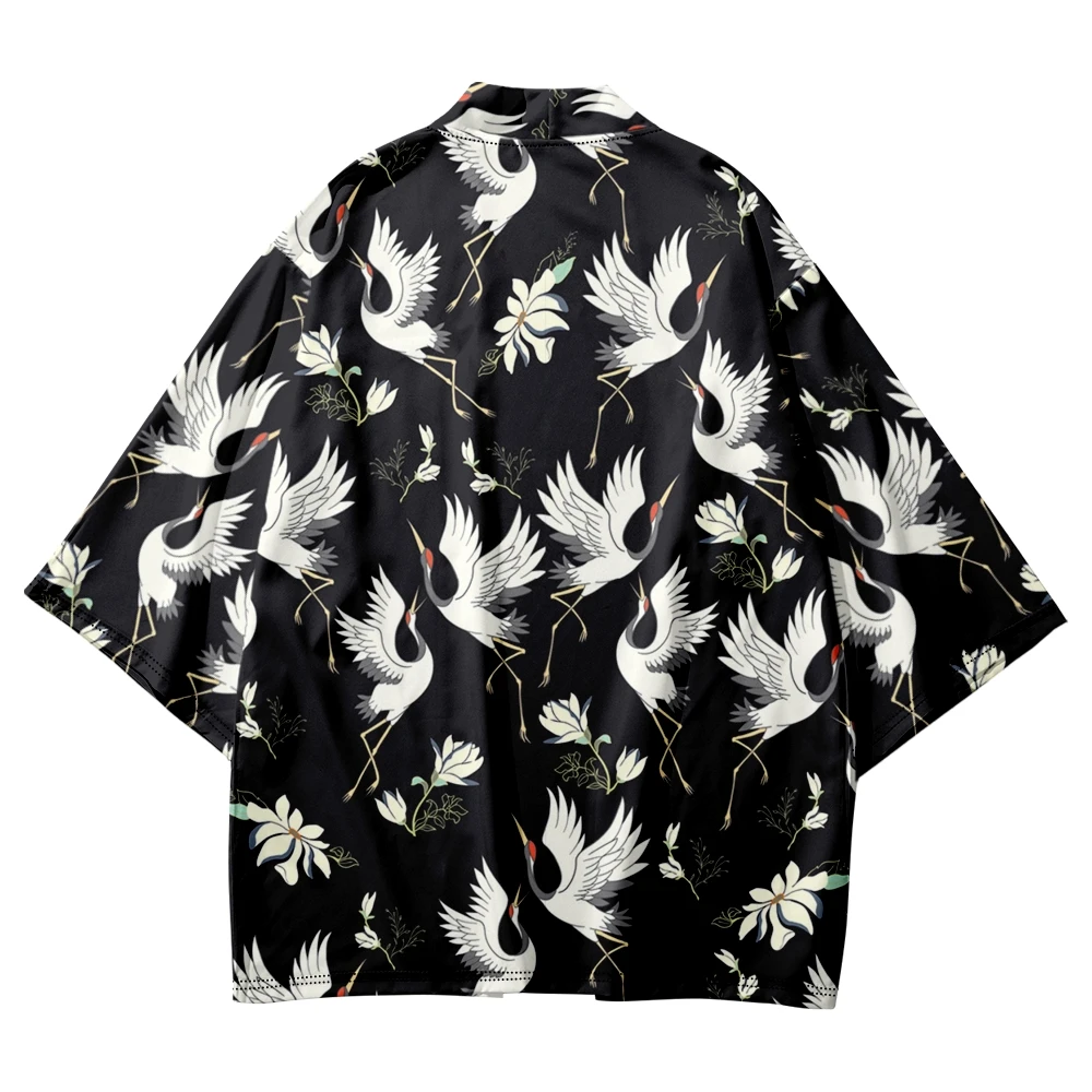 

2023 Summer Beach Kimono Sakura Crane Print Shirt Haori Fashion Kimono Yukata Men Oversized Tops