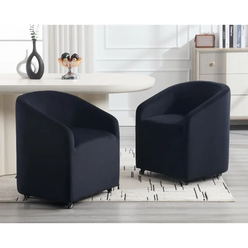 Black Barrel Dining Chairs with Swivel Casters Set of 2 Modern Accent Upholstered Dining Room Chairs Contemporary Armchair