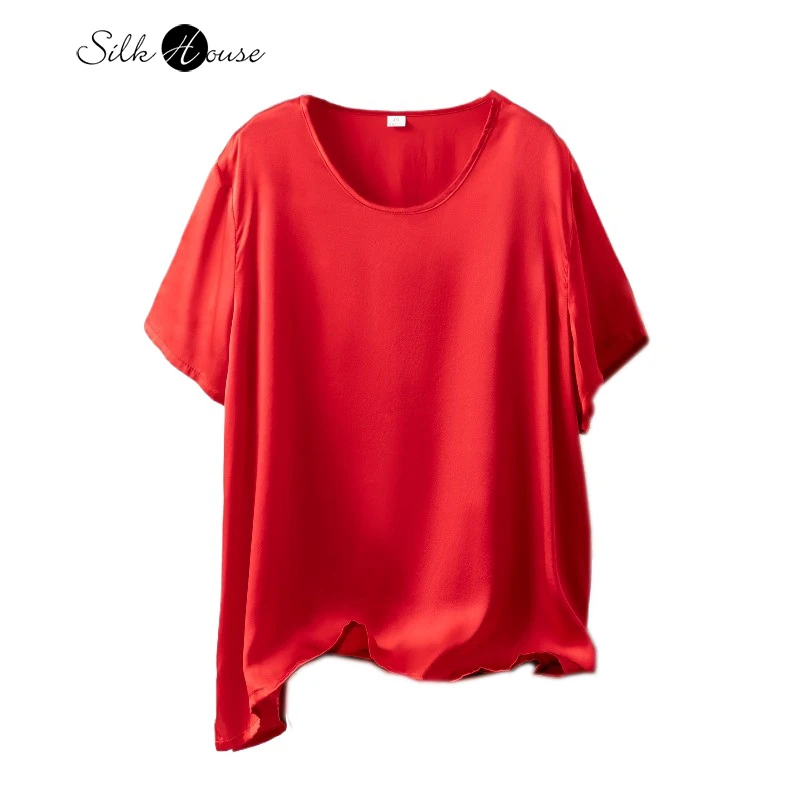 

Женская одежда больших размеров, 100% натуральный шелковый атлас, обычная красная однотонная универсальная футболка с круглым вырезом и короткими рукавами