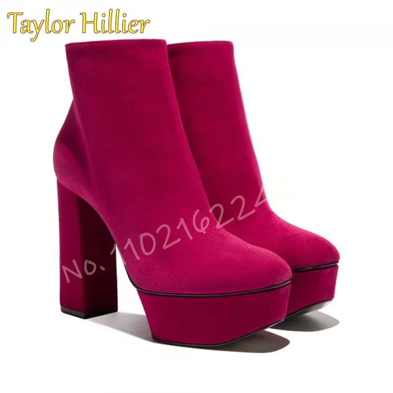 

Rose Red Women'S Suede Platform Boots Round Toe Thick Heel Side Zipper Short Boots Sexy Party Elegant Retro Nude Boots Autumn 46