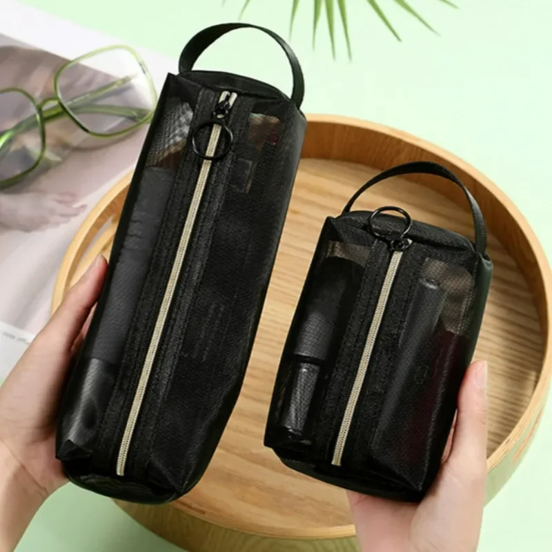 Handheld Mesh Cosmetic Bag Black Translucent Lightweight Toiletry Storage Bags Solid Color Box Shaped Small Item Receiving Pouch