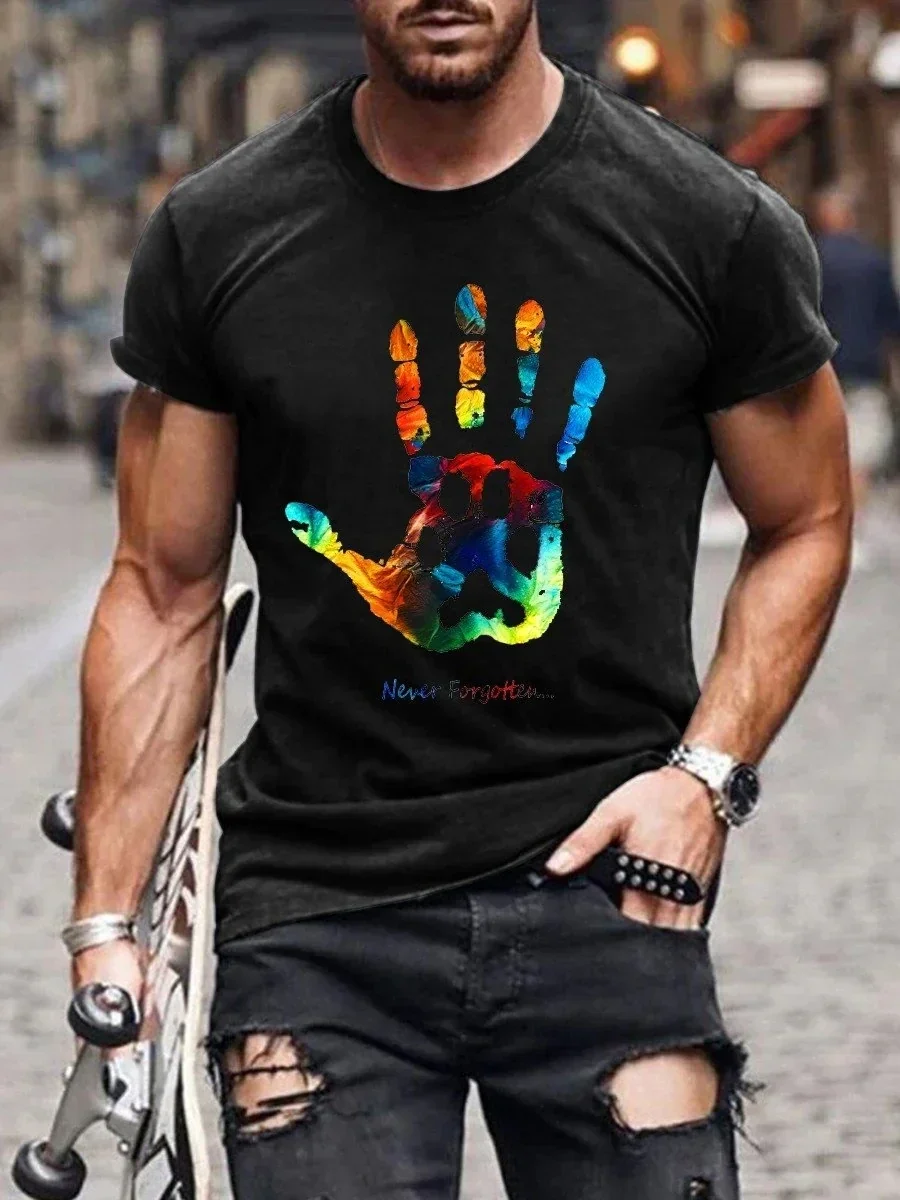 

2023 Summer Men's Printed Casual Crew Neck Short Sleeve T-Shirt Men's LGBT Rainbow Bear Paw Prints Art Casual 3D Printed T Shirt