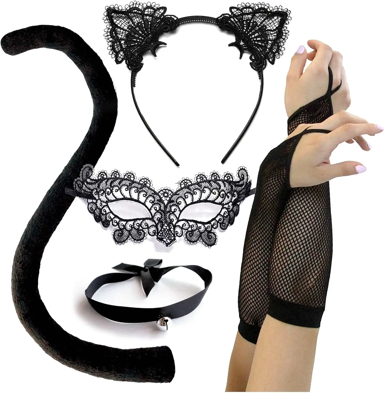 PESENAR Black Cat Costume for Women, Halloween Masquerade Mask, Lace Ears, Gloves, Tail, Choker Necklace