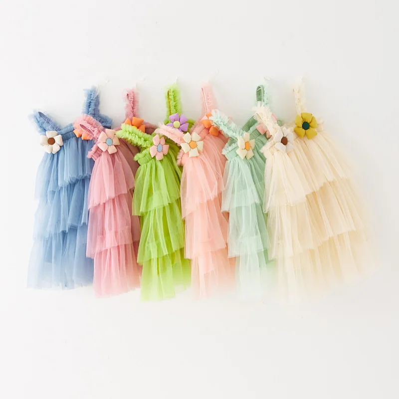 Baby Girls Dress Summer Cute Sling Tulle Pettskirt Princess 3 Layered Dresses with Flowers Birthday Party Clothes 1-7Y CC179