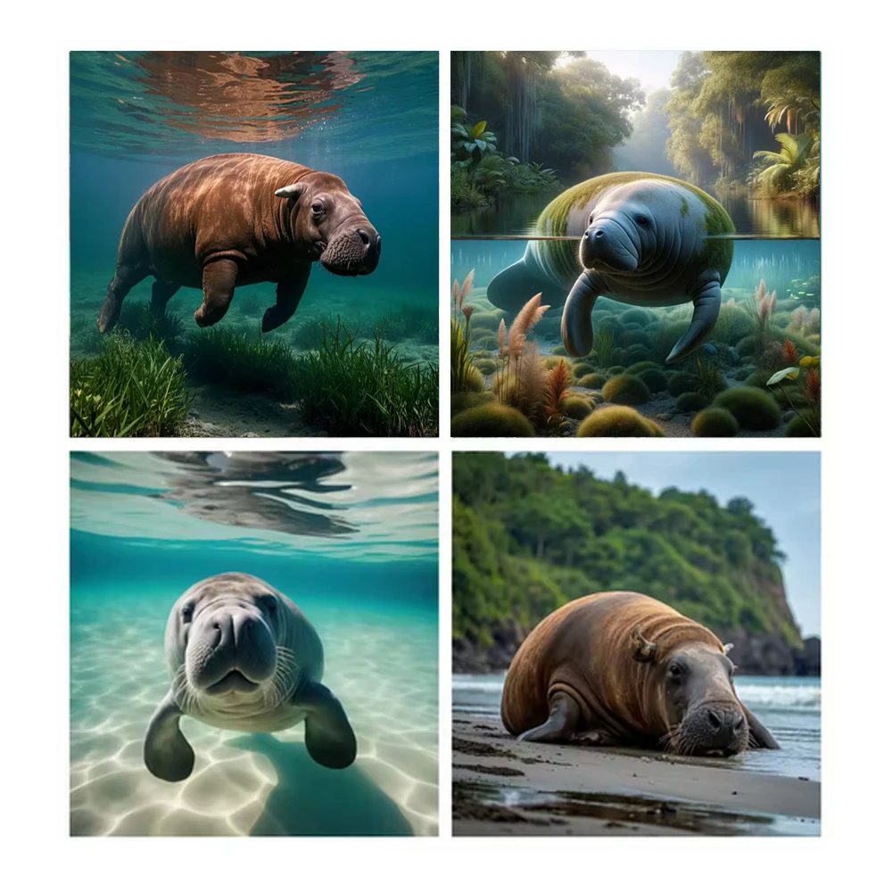 Gentle Manatees Wander The Sea Diamond Art Kits For Adults, 5D Full Drill Painting Kit Art And Crafts Home Wall Decor