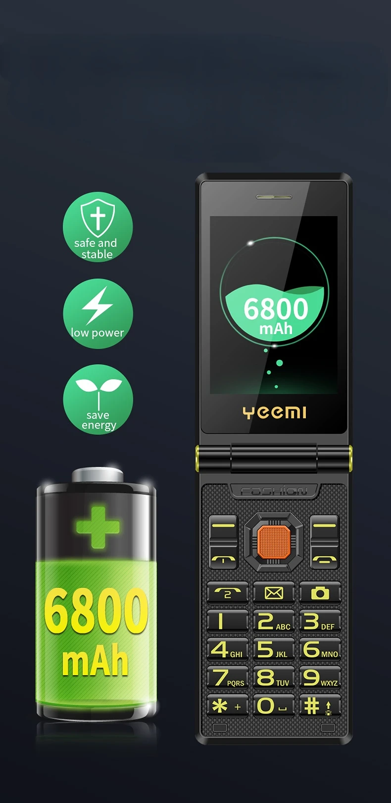 2G Outdoor Folding Senior Phone With Strong Battery Two Big Display Dual Sim Large Button SOS Key Speed Dial Loud Voice Phone