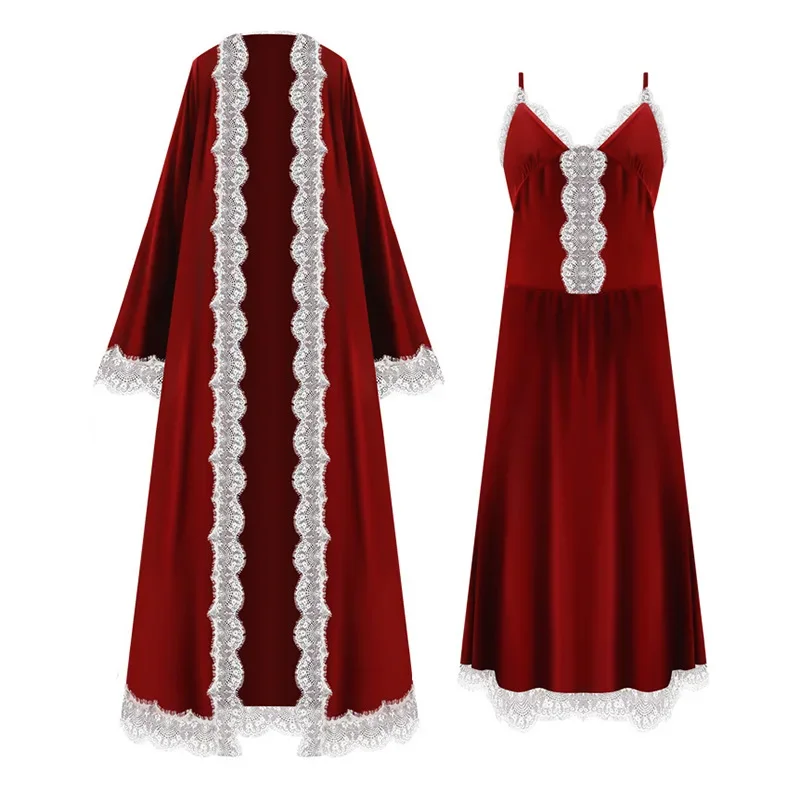 Elegant Sleepwear Lace V-Neck Velvet Night Dress Robes for Women Two Pieces Autumn Winter Nightwear Vintage Princess Nightgowns