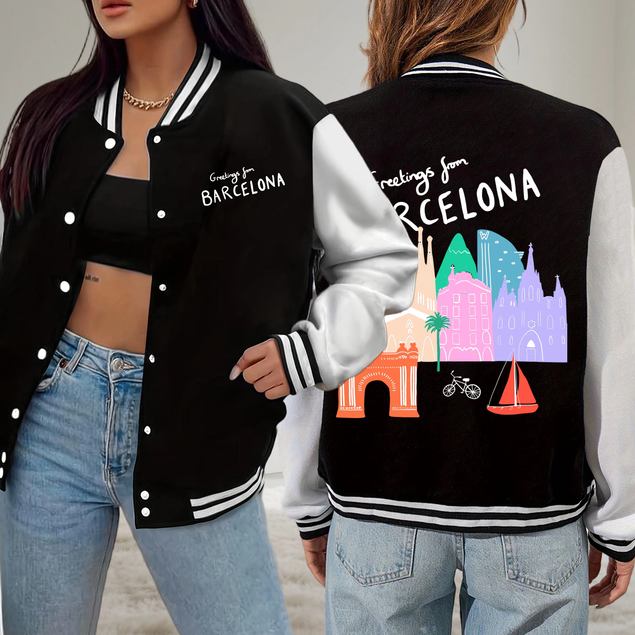 

Greeting From Barcelona Building Scenery Print Jacket Hip Hop Fleece Baseball Uniform Y2K Casual Clothes Autumn Loose Women Coat