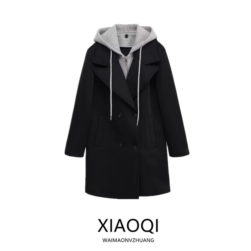 Detachable Drawstring Spliced Hat Coat Women's Fashion Outerwear Autumn New Arrival 2025 Other Material 100%