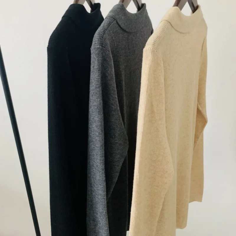 Autumn and Winter Beaded Lapel Knitwear Positive Shoulder Long-sleeved Solid Color Wool Bottoming Tops Women Sweater