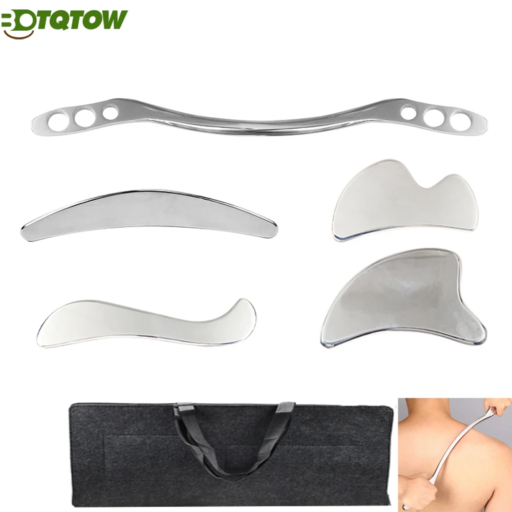 

Professional Gua Sha Tool Set - 5pc Stainless Steel IASTM Therapy for Muscle Recovery & Lymphatic Drainage - Face/Body Athletes