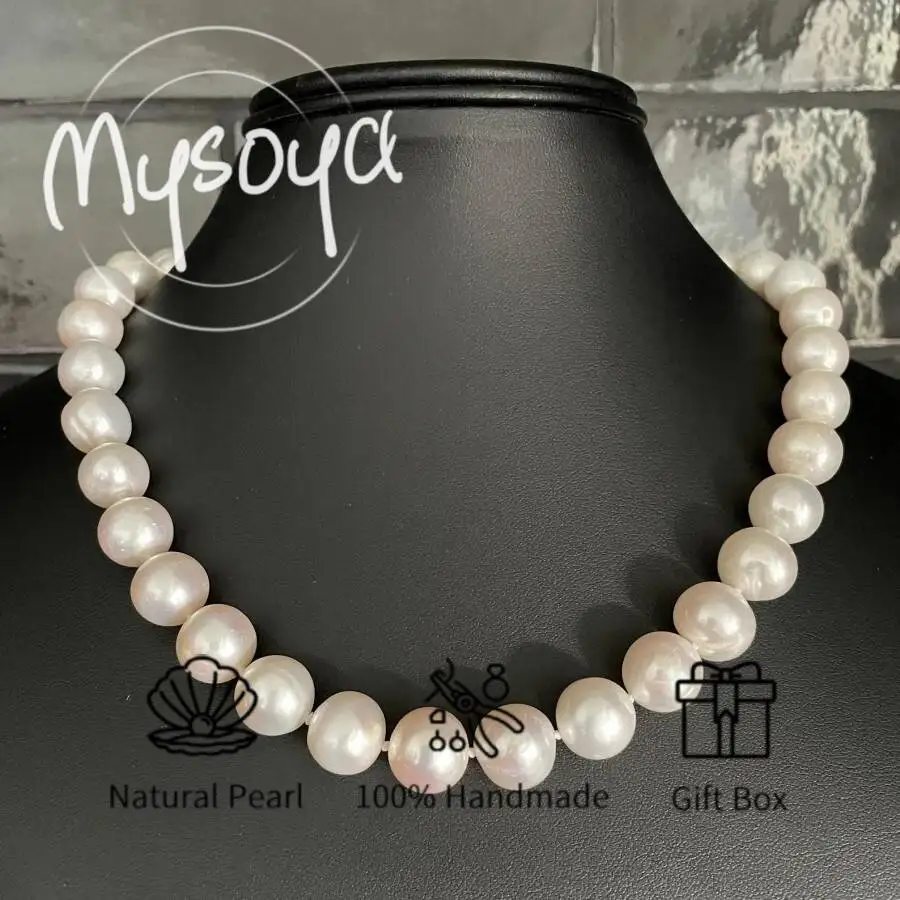 

MYSOYA 12 мм большое ожерелье из натурального белого пресноводного жемчуга для женщин и мужчин, подарочная коробка, подарок на день рождения, свадьбу, годовщину, ювелирное изделие