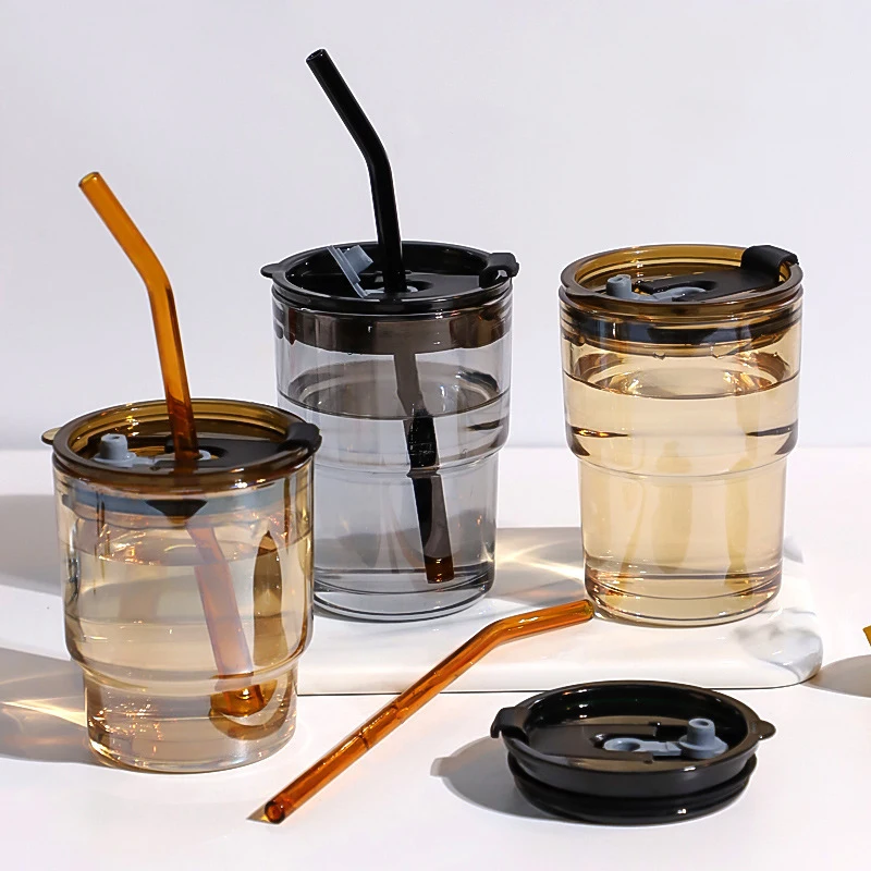 

Ins Portable Transparent Glass Cup Leak-proof Water Teacup Coffee Milk Juice Mug with Straws &Lids Kitchen Drinkware Gift