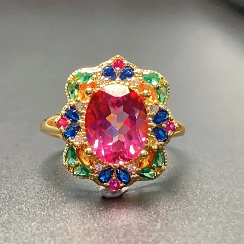 8mm*10mm 3ct Pink Topaz Silver Ring with Multi-color Zircon 925 Silver Natural Topaz Jewelry with 3 Layers 18K Gold Plating