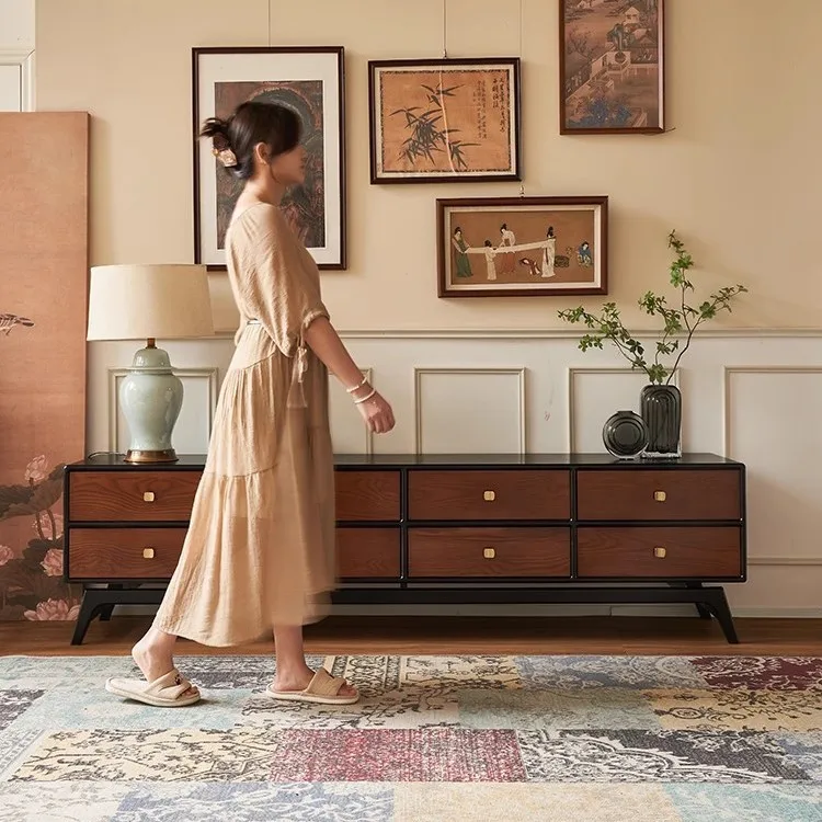 French solid wood TV cabinet, living room floor drawer contrasting color storage cabinet, small apartment Nanyang style storage