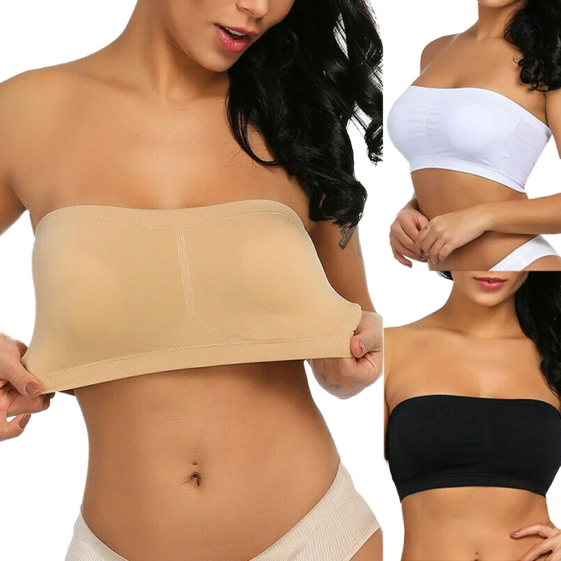 Women's Solid Everyday Double Layer Seamless Bandeau Bralette One Piece Tube with Removable Padded Top Strapless Crop Logo Cup
