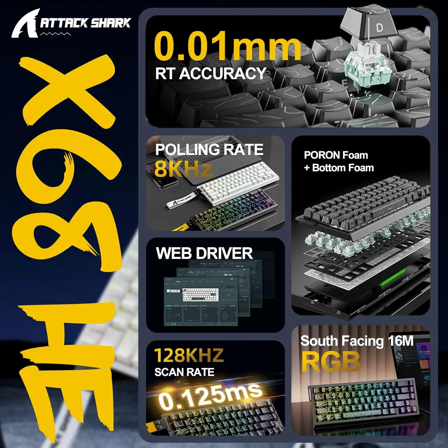 مجموعة لوحة مفاتيح الألعاب MAMBASNAKE x Attack Shark X68 HE ومجموعة ماوس R1، لوحة مفاتيح مغناطيسية 8 كيلو هرتز