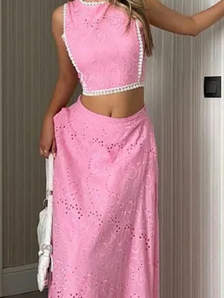 

Повседневная длинная юбка без рукавов, комплекты из двух предметов, элегантный костюм с вышивкой и ажурной юбкой, модный пуловер с круглым вырезом, топ и юбка, наряды