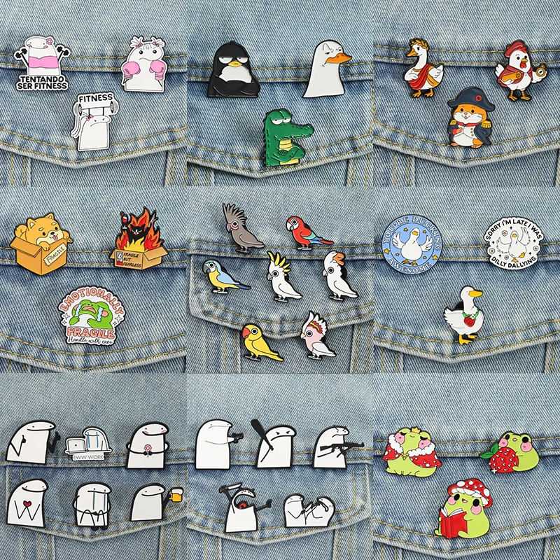 2-7pcs/set Animal Collection Enamel Pins Goose Parrot Cat Memes Frog Duck Raccoon Brooches Lapel Badges Cartoon Whale Jewelry