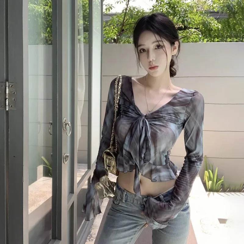 Sexy Women Tie Dye Mesh Sheer T-Shirt V Neck Flared Long Sleeve Sun Protection Shirt Women's Summer 2026 New Slim Fitted Top
