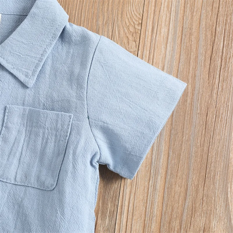 

2Pcs Little Boys Outfit Toddlers Summer Autumn Solid Color Lapel Short Sleeve Single-breasted Tops Shorts Set