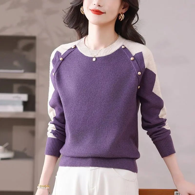 

Autumn Winter Women Sweater 2026 New Fashion Color Matching Crew Neck Knitted Pullover Female Jumper Knitted Bottoming Shirt Top