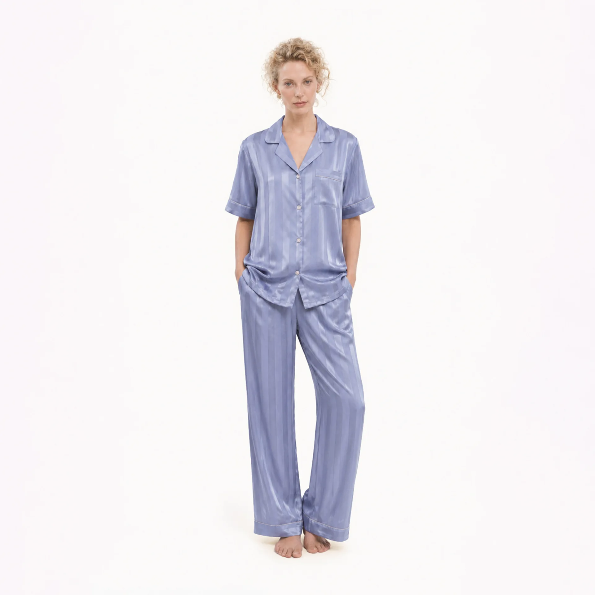 New Satin Jacquard Pajamas Women's Lapel Short Sleeved Shirt Long Pants Striped Casual Suit Simulated Silk Comfort Home Clothes