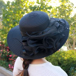 Kentucky Derby Floral Big Brim Hat Women's Organza Wedding Headwear Hat Elegant Foldable SunHat Beach with Beaded Festival hat