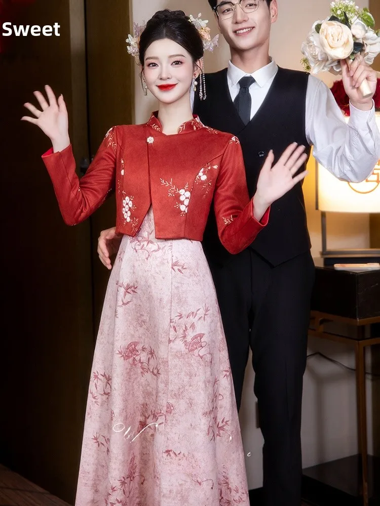 

Red Wedding Dr Suit New Chinese Sle Embroidery Engagement Ceremony Dr Long Sve Bodycon for Wedding Par