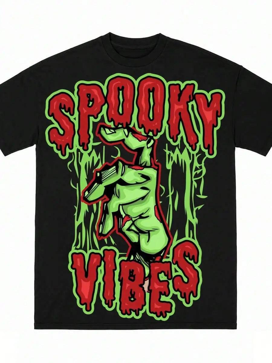 Men Spooky Vibes Zombie Large Graphic Print Tee, Crew Neck Short Sleeve T-Shirt 100% Cotton Trendy Y2K Short-Sleeve Tee-Soft,